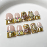 10pcs Handmade Press On Nails Ins Retro Style Goil Foil French Style False Nails Cherry Shape Diamond Duckbill Luxury Fake Nail