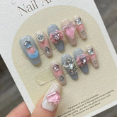 10pcs Candy Color Handmade False Nails 3D Moon Star Bowknots Glossy Diamond Decor Press On Nails Sweet Fashion Fake Nail Patches