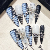 10pcs Handmade Press On Nails Autora Blue Long Stiletto Fake Nail Tips French Style Alligator Print Diamond Decor False Nails