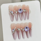 10pcs Charming Blush Handmade False Nails Gradient Purple French Long Almond Fake Nail With Glossy Rhinestone Press On Nails
