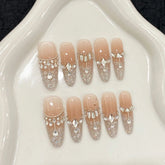 10pcs Flash Sequins French Tip Press On Nails Blush Long Almond Glitter Diamond Decor Handmade Fake Nail Light Luxury False Nail