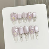 10pcs 3D Ice Transparent Flower Press On Nails Glitter Rhinestone False Nails Light Purple French Cat Eye Handmade Fake Nail