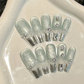 10pcs Handmade press On Nails New Chinese Style Silver French Tips Fake Nail Hand-painted Bamboo Leaf Pearl Diamond False Nails