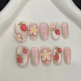 10pcs Sweet Short Oval Fake Nail Patches Hand-painted 3D Pink Strawberry Flower Press On Nails Spring Summer Fresh Handmade Nail