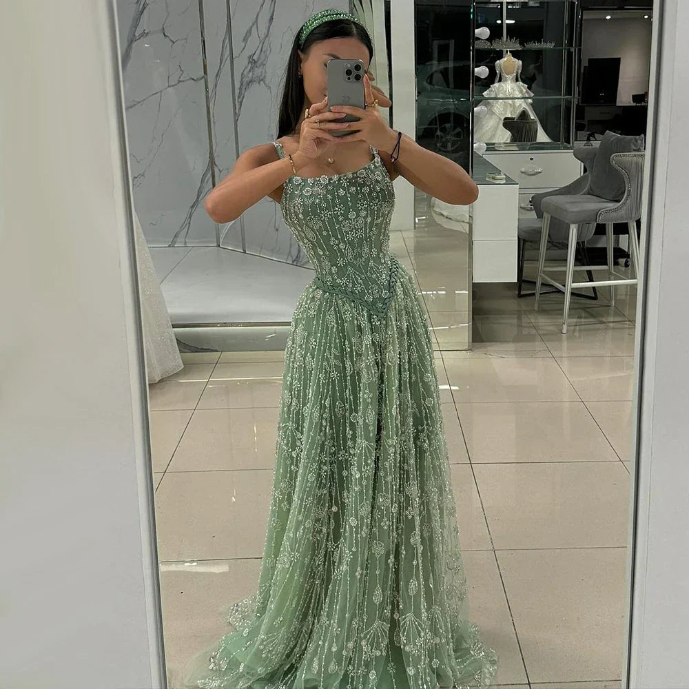 sage green beaded dress Luxury A-Line Spaghetti Strap Evening The dramatic ball gown Sarah's silks Size:4X (26-28) Vintage Dress 1960s Formal