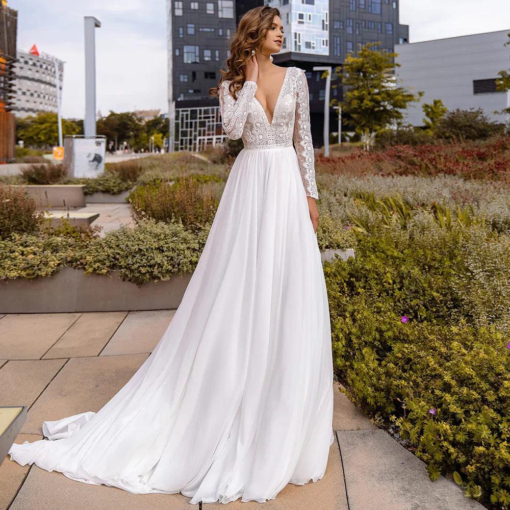 Chiffon Wedding Flowy Wedding Dress Boho NumberSea-Sexy