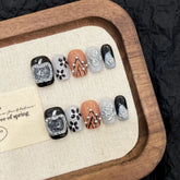 10pcs Sweet Cool Short Square False Nail Stereo Apple Alarm Clock Silver Flower Press On Nails Spicy Girl Handmade Fake Nail