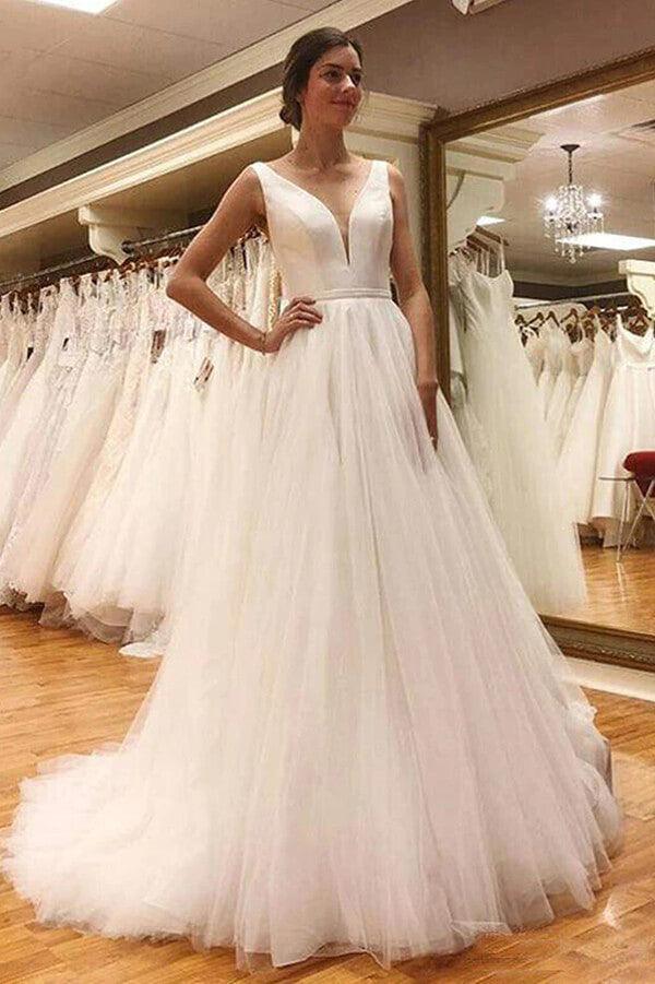 NumberSea-NumberSea Simple Tulle A-line V-neck Open Back Wedding Dresses, Wedding Gowns, MW765 NumberSea-NumberSea Simple Tulle A-line V-neck Open Back Wedding Dresses, Wedding Gowns, MW765