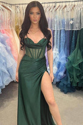 Strapless Beaded Mermaid Hunter Green Prom Dress with Slit
