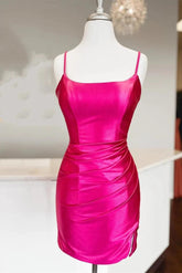 Straps Fuchsia Ruched Bodycon Tight Satin Homecoming Dress
