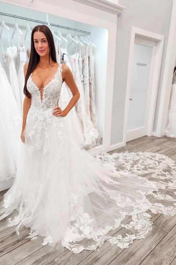 NumberSea-NumberSea Tulle A-line V-neck Lace Appliques Wedding Dresses With Chapel Train, MW888 NumberSea-NumberSea Tulle A-line V-neck Lace Appliques Wedding Dresses With Chapel Train, MW888