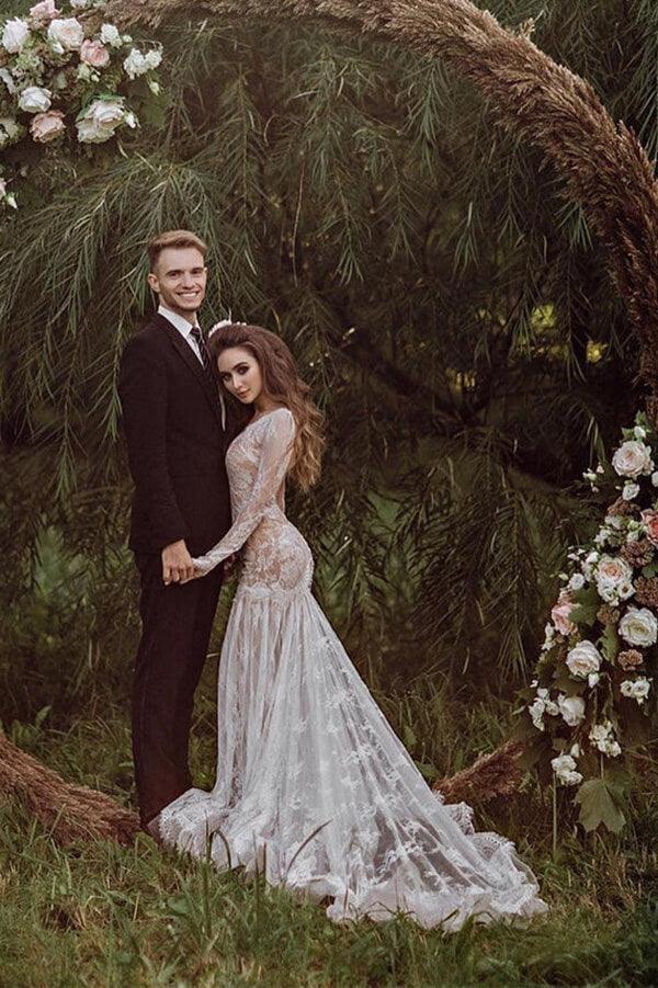 NumberSea-NumberSea Tulle Mermaid Backless Long sleeves Lace Wedding Dresses With Train, MW1023 US6 / As Picture NumberSea-NumberSea Tulle Mermaid Backless Long sleeves Lace Wedding Dresses With Train, MW1023 US6 / As Picture