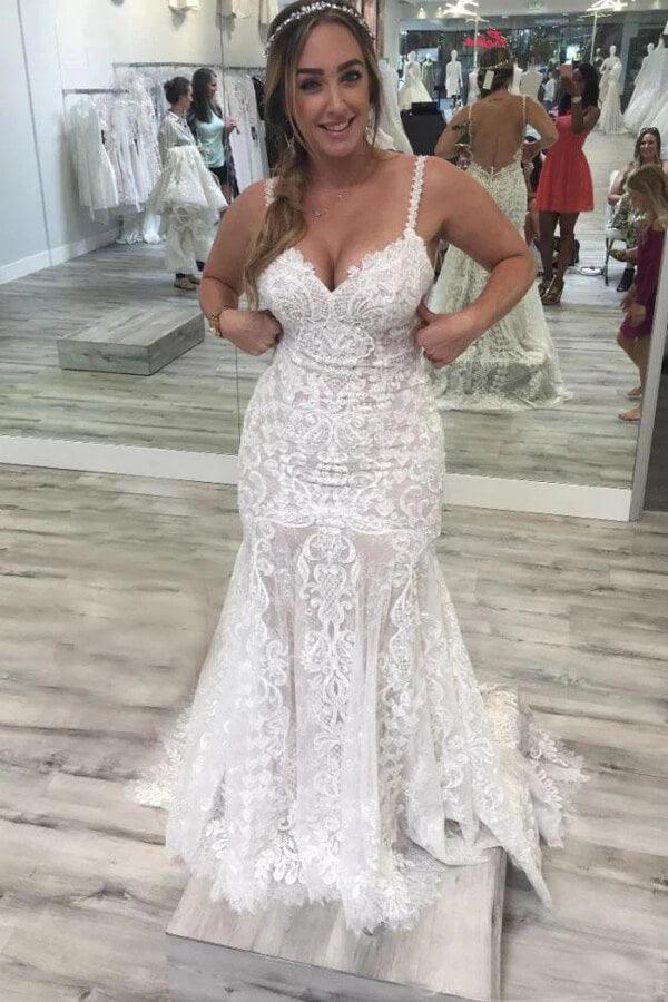 NumberSea-NumberSea Tulle Mermaid Spaghetti Straps V-neck Backless Lace Wedding Dresses, MW891 NumberSea-NumberSea Tulle Mermaid Spaghetti Straps V-neck Backless Lace Wedding Dresses, MW891