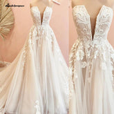 Vestidos de novia vintage con escote en V profundo, vestido de novia con apliques de encaje, corte A, espalda abierta, cola larga, vestido de novia