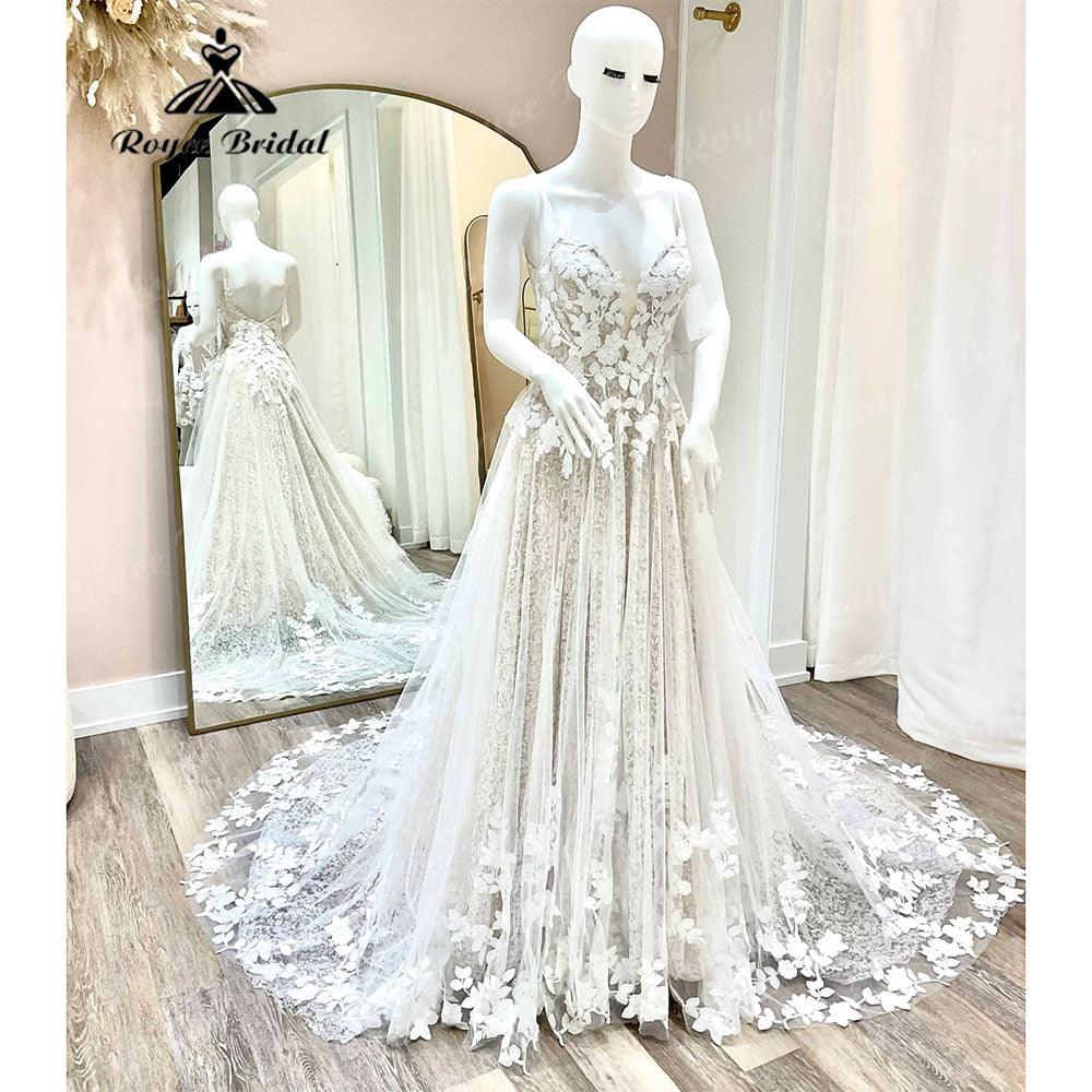 NumberSea-Vintage Plunging Lace Floral Champagne Open Back Boho Women Wedding Dress 2025 Bridal Gowns Spaghetti Straps abito da sposa Sexy