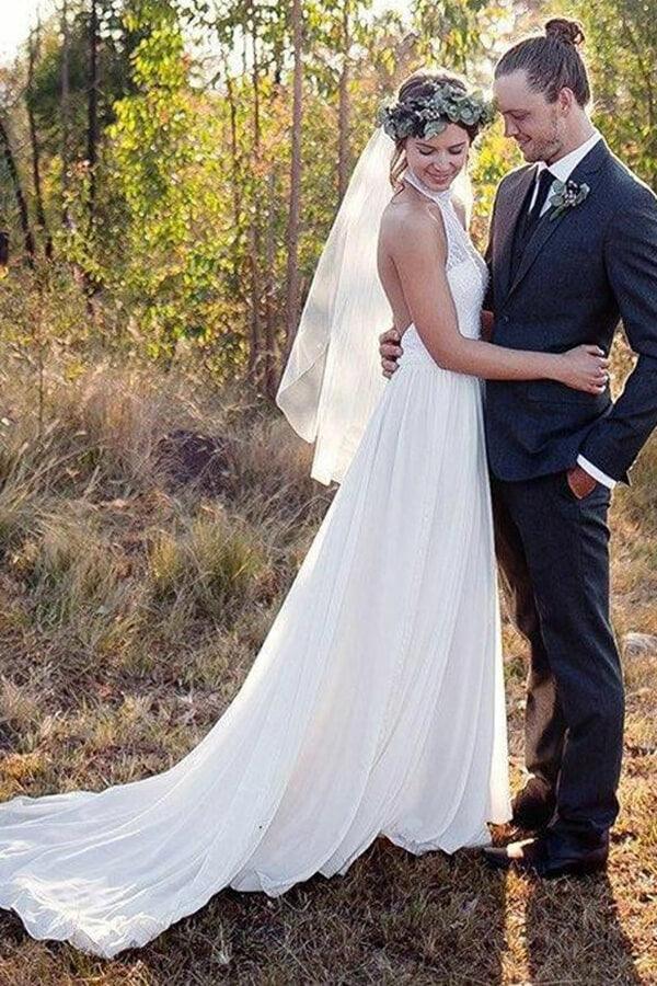 NumberSea-NumberSea White Lace Chiffon A-line Halter Neck Backless Wedding Dresses With Train, MW655