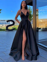 NumberSea - A - Line Black Dress Plus Size Prom Dress High Split Evening Dress Formal Birthday Summer Dress Spaghetti Strap Sleeveless Sweep / Brush Train Satin with Pleats Split Front