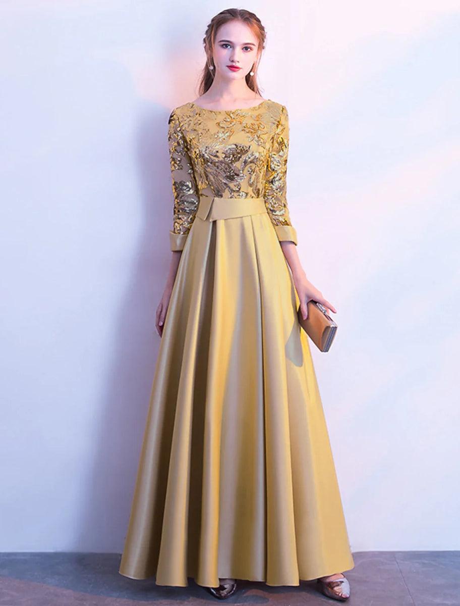 NumberSea-A-Line Bridesmaid Dress Jewel Neck Long Sleeve Beautiful Back Floor Length Satin / Tulle / Sequined with Sash / Ribbon / Pleats