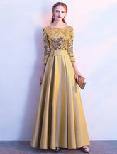 NumberSea - A - Line Bridesmaid Dress Jewel Neck Long Sleeve Beautiful Back Floor Length Satin / Tulle / Sequined with Sash / Ribbon / Pleats