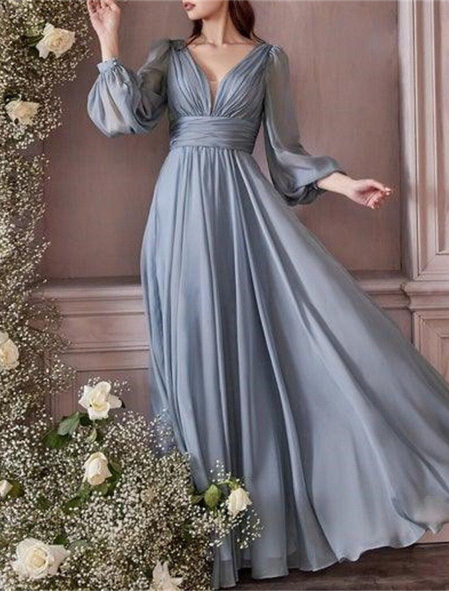 NumberSea-A-Line Bridesmaid Dress V Neck Long Sleeve Blue Floor Length Chiffon with Ruching / Solid Color