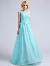 NumberSea - A - Line Bridesmaid Dress V Neck Sleeveless Open Back Floor Length Chiffon with Criss Cross