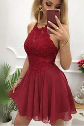 Vestido corto de fiesta de gasa burdeos con cuello halter y apliques, corte A, PD399