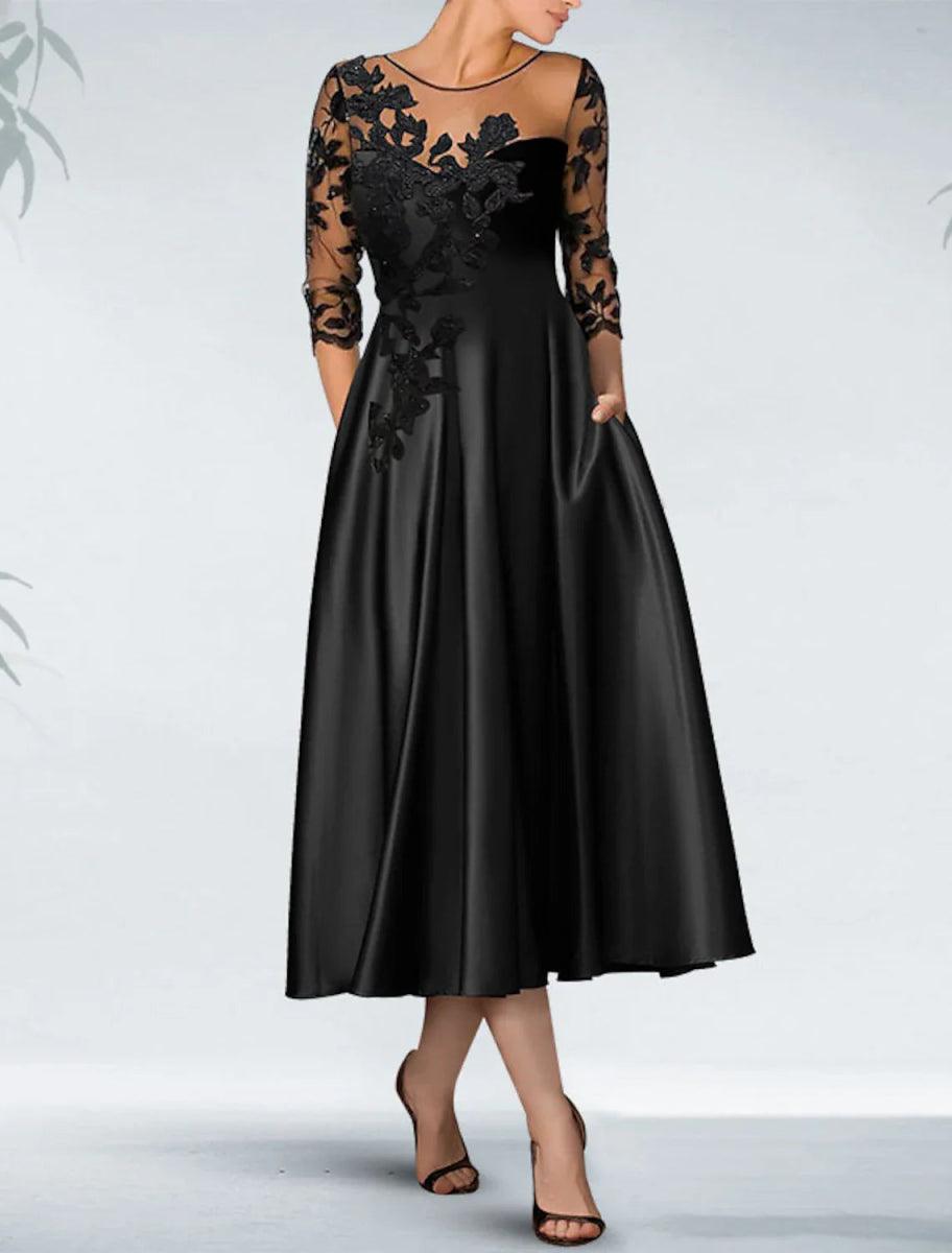 NumberSea-A-Line Cocktail Black Dress Appliques Elegant Dress Fall Wedding Guest Dress For Mother Knee Length 3/4 Length Sleeve Off Shoulder Pocket Satin with Beading Pocket