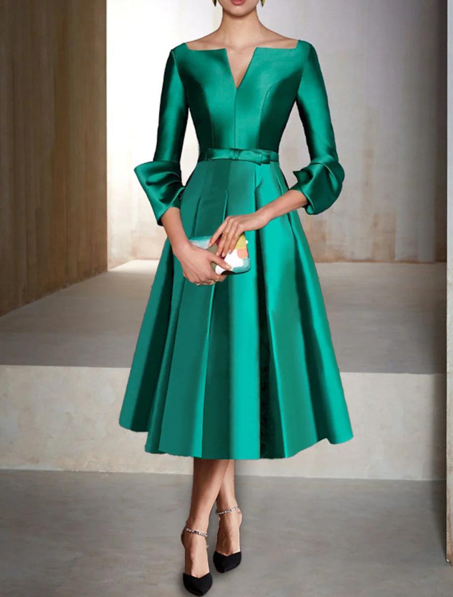 NumberSea-A-Line Cocktail Dress Christmas Red Green Dresses Elegant Dress Formal Wedding Guest Tea Length 3/4 Length Sleeve V Neck Satin with Pleats NumberSea-A-Line Cocktail Dress Christmas Red Green Dresses Elegant Dress Formal Wedding Guest Tea Length 3/4 Length Sleeve V Neck Satin with Pleats