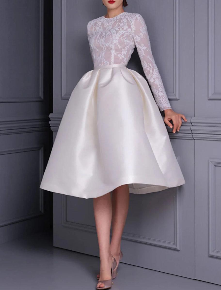 NumberSea-A-Line Cocktail Dresses 1950s Dress Wedding Party Birthday Knee Length Long Sleeve Jewel Neck Fall Wedding Guest Satin with Appliques