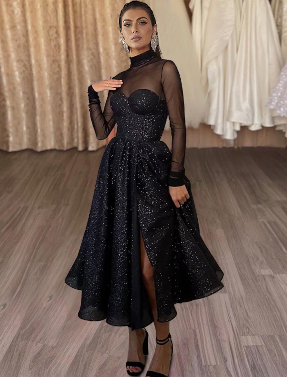 NumberSea-A-Line Cocktail Dresses Elegant Dress Party Wear Tea Length Long Sleeve High Neck Wednesday Addams Family Tulle with Glitter Slit