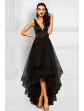 NumberSea - A - Line Cocktail Dresses Elegant Dress Party Wear Wedding Party Asymmetrical Sleeveless V Neck Organza with Rhinestone Ruffles