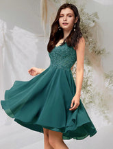NumberSea - A - Line Cocktail Dresses Flirty Dress Homecoming Graduation Short / Mini Sleeveless V Neck Chiffon Backless with Beading Lace Insert