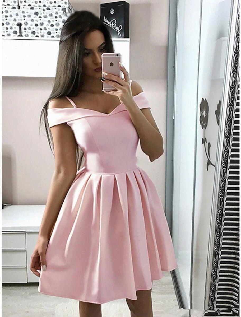 NumberSea-A-Line Cocktail Dresses Minimalist Dress Homecoming Party Wear Knee Length Sleeveless V Neck Pink Dress Stretch Fabric with Pleats