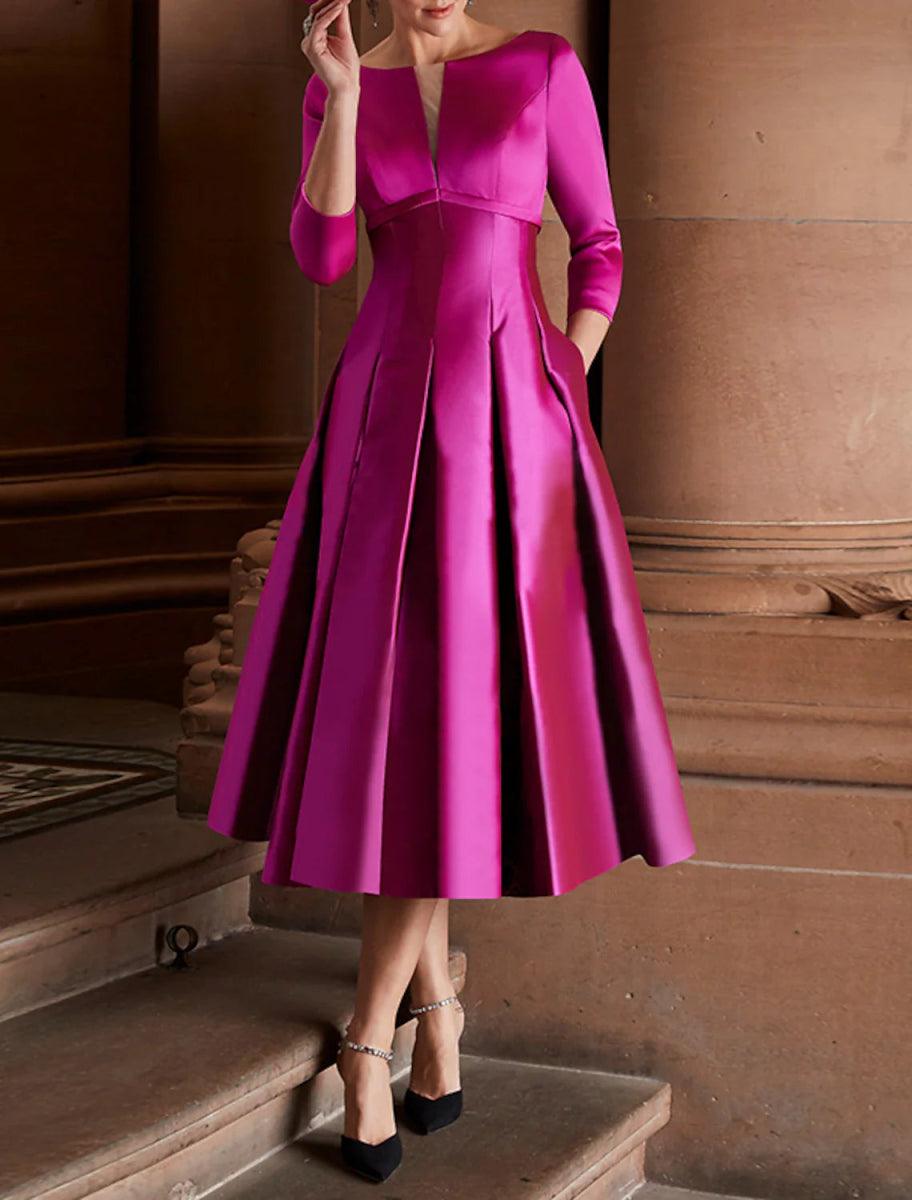 NumberSea-A-Line Cocktail Dresses Minimalist Dress Party Dress Wedding Guest Tea Length 3/4 Length Sleeve Jewel Neck Fall Wedding Guest Satin with