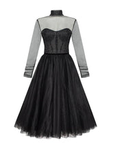 NumberSea - A - Line Cocktail Dresses Vintage Dress Homecoming Knee Length Long Sleeve High Neck Wednesday Addams Family Tulle with Pleats Pure Color