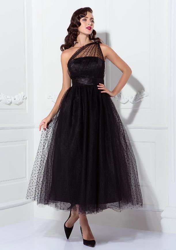 NumberSea-A-Line Cocktail Dresses Vintage Dress Wedding Guest Ankle Length Sleeveless One Shoulder Wednesday Addams Family Tulle with Pleats Pattern / Print