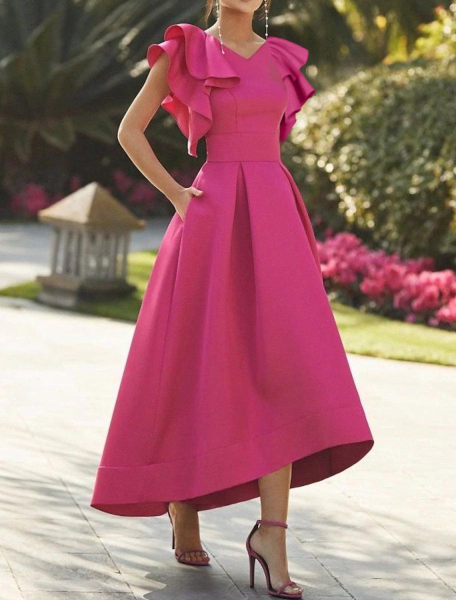 NumberSea-A-Line Cocktail Party Dress Elegant Dress Semi Formal Asymmetrical Sleeveless V Neck Fall Wedding Guest Stretch Fabric with Ruffles Hot Pink