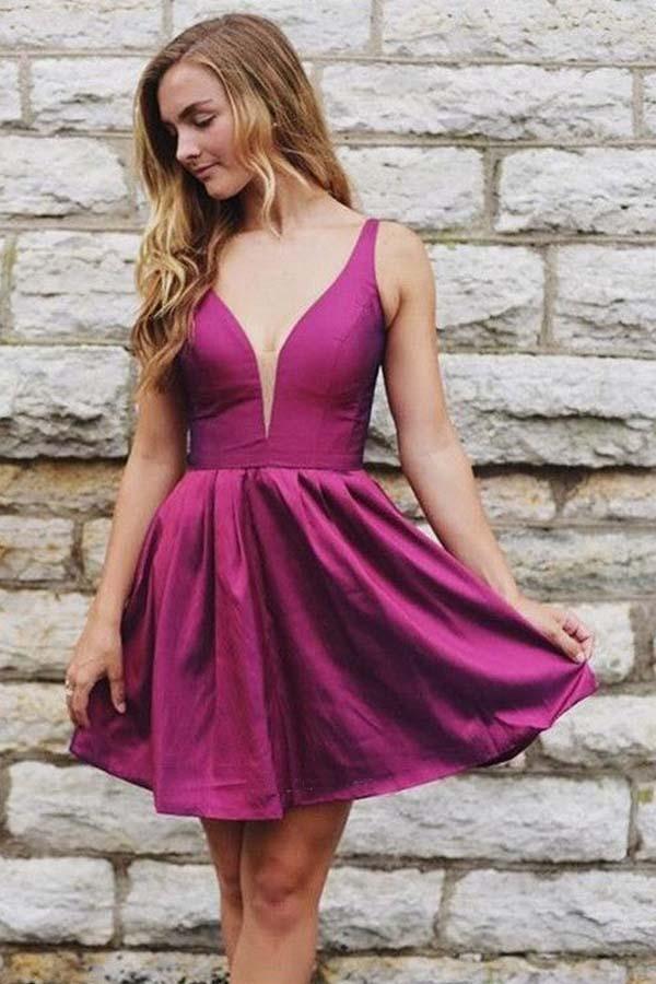 NumberSea-A Line Cute V Neck Backless Taffeta Rose Red Short Homecoming Dresses PD260 NumberSea-A Line Cute V Neck Backless Taffeta Rose Red Short Homecoming Dresses PD260