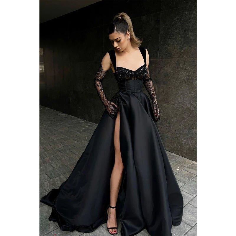 NumberSea-A Line Double Straples Side Slit Black Long Prom Formal Dress As Picture NumberSea-A Line Double Straples Side Slit Black Long Prom Formal Dress As Picture