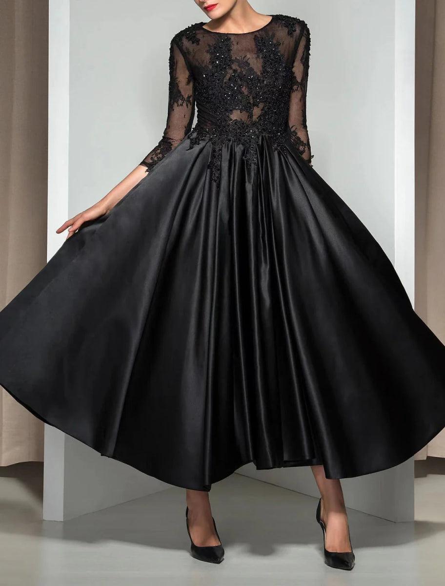 NumberSea-A-Line Elegant Cocktail Party Formal Evening Dress Illusion Neck 3/4 Length Sleeve Ankle Length Lace with Appliques