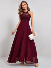 NumberSea - A - Line Elegant Vintage Party Wear Formal Evening Dress Jewel Neck Sleeveless Ankle Length Nylon with Lace Insert Pure Color Splicing