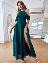 NumberSea - A - Line Elegant Vintage Party Wear Formal Evening Dress Spaghetti Strap Short Sleeve Ankle Length Chiffon with Ruffles Slit Pure Color