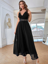 NumberSea - A - Line Elegant Vintage Party Wear Formal Evening Dress V Neck Sleeveless Ankle Length Chiffon with Sequin Pure Color Splicing