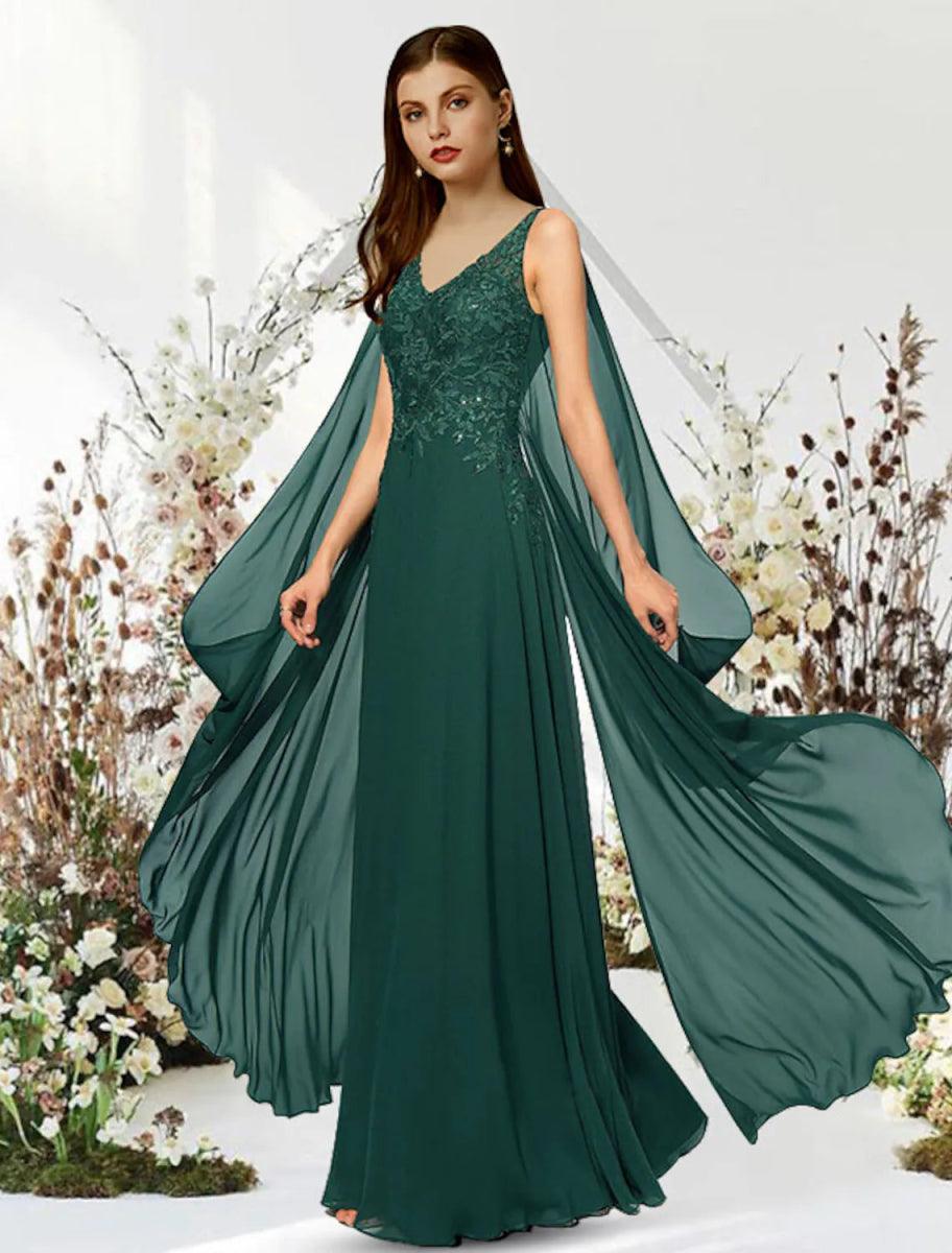 NumberSea-A-Line Empire Elegant Engagement Formal Evening Dress V Neck Sleeveless Floor Length Chiffon with Sequin Appliques