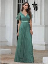 NumberSea - A - Line Empire Wedding Guest Prom Dress V Neck V Back Short Sleeve Floor Length Chiffon with Pleats Ruched