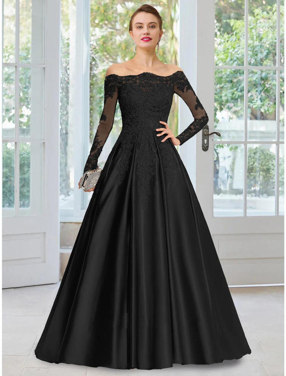 long sleeve black dress with train Ball Gown V Neck Full/Long Sleeve Chapel Train Lace Wedding Dress - Wedding Dresses