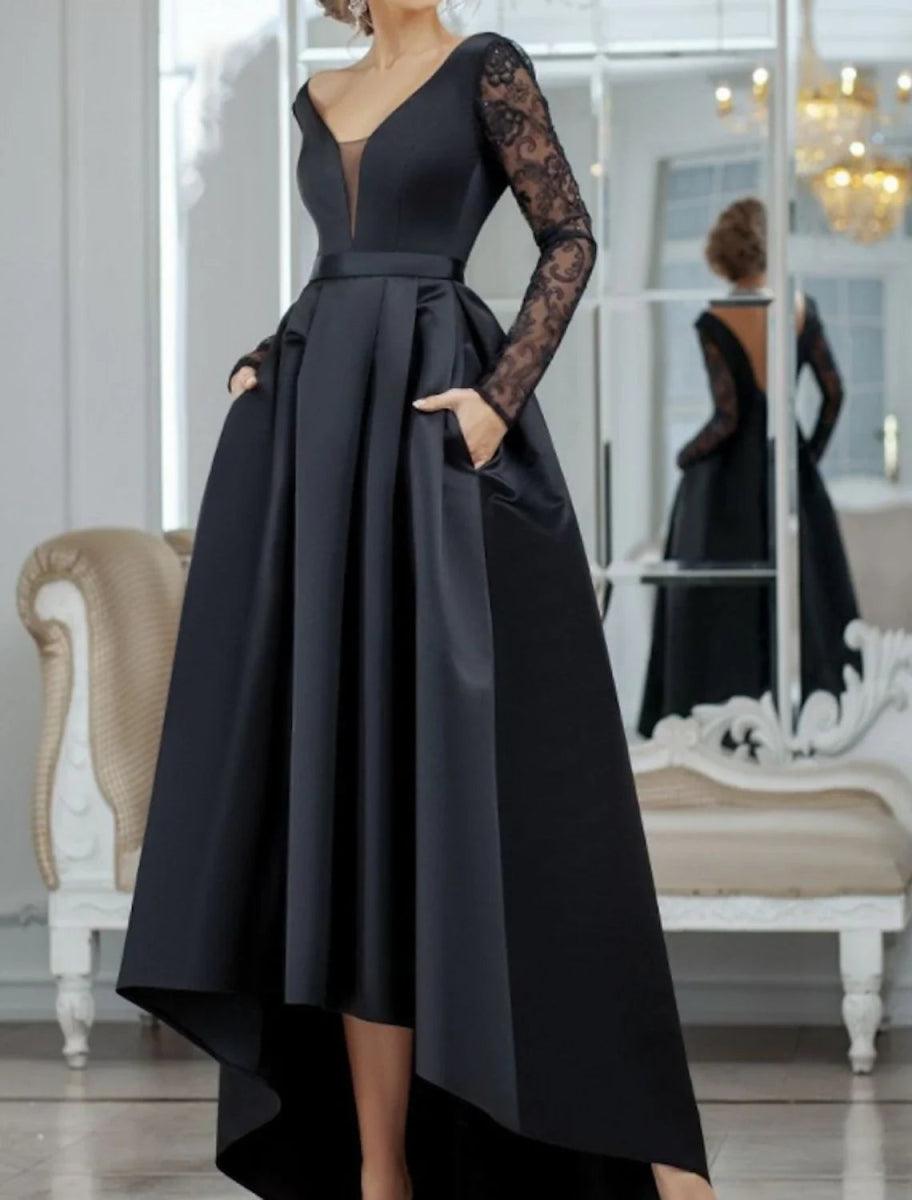 NumberSea-A-Line Evening Gown Black Dress Plus Size Vintage Halloween Wedding Guest Asymmetrical Long Sleeve V Neck Satin with Pleats Lace Insert US NumberSea-A-Line Evening Gown Black Dress Plus Size Vintage Halloween Wedding Guest Asymmetrical Long Sleeve V Neck Satin with Pleats Lace Insert US