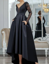 NumberSea - A - Line Evening Gown Black Dress Plus Size Vintage Halloween Wedding Guest Asymmetrical Long Sleeve V Neck Satin with Pleats Lace Insert