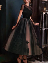 NumberSea - A - Line Evening Gown Black Dress Plus Size Vintage Halloween Wedding Party Ankle Length Short Sleeve Illusion Neck Wednesday Addams Family Lace with Pleats Embroidery