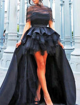 NumberSea - A - Line Evening Gown Black Dress Plus Size Vintage Halloween Wedding Party Asymmetrical Short Sleeve Illusion Neck Wednesday Addams Family Satin with Pleats Tiered